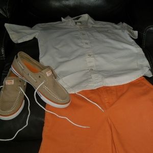 Shorts,Shoes,button down shirt.